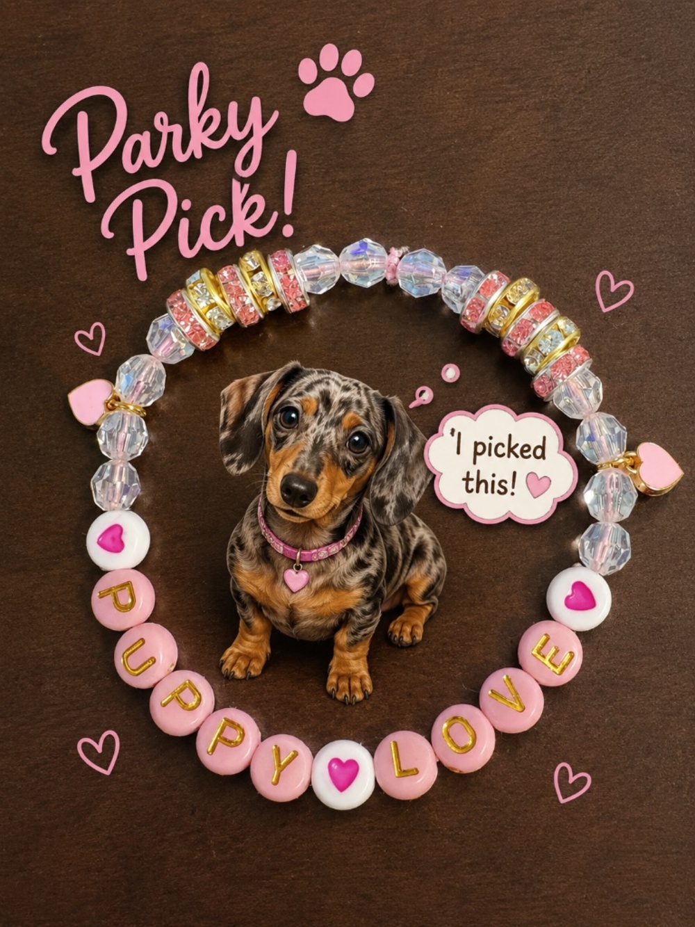 Parky Pick! Puppy Love Pink Heart Stretch Bracelet Handmade Dog Lover Gift